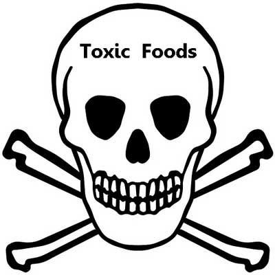 Scull and cross bones, black and white, with a 'toxic foods' warning.