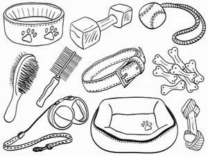 Black and white sketch of essential puppy supplies for your Cocker Spaniel, bowl, chew toys, collar, brushes, treats.